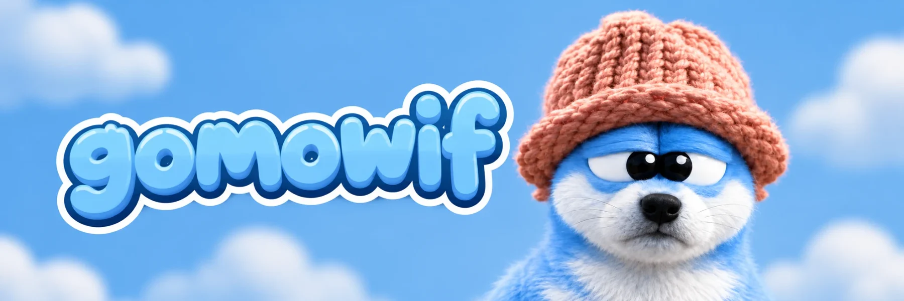 gomowif — a blue dog wearing a knitted coral hat against a blue sky